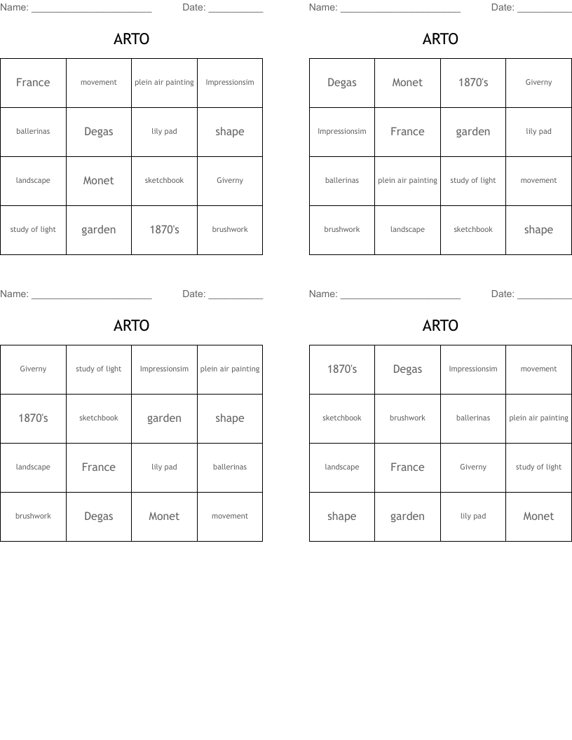 ARTO Bingo Cards