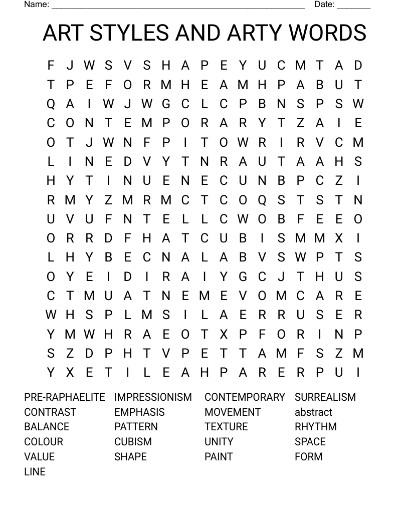ART STYLES AND ARTY WORDS Word Search