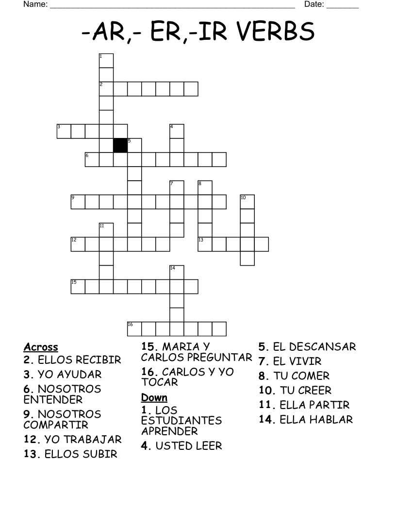 -AR,- ER,-IR VERBS Crossword