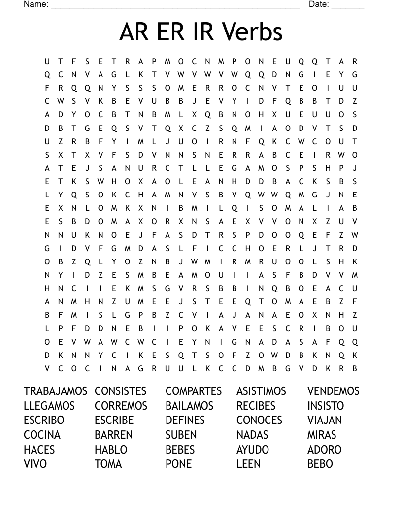AR ER IR Verbs Word Search