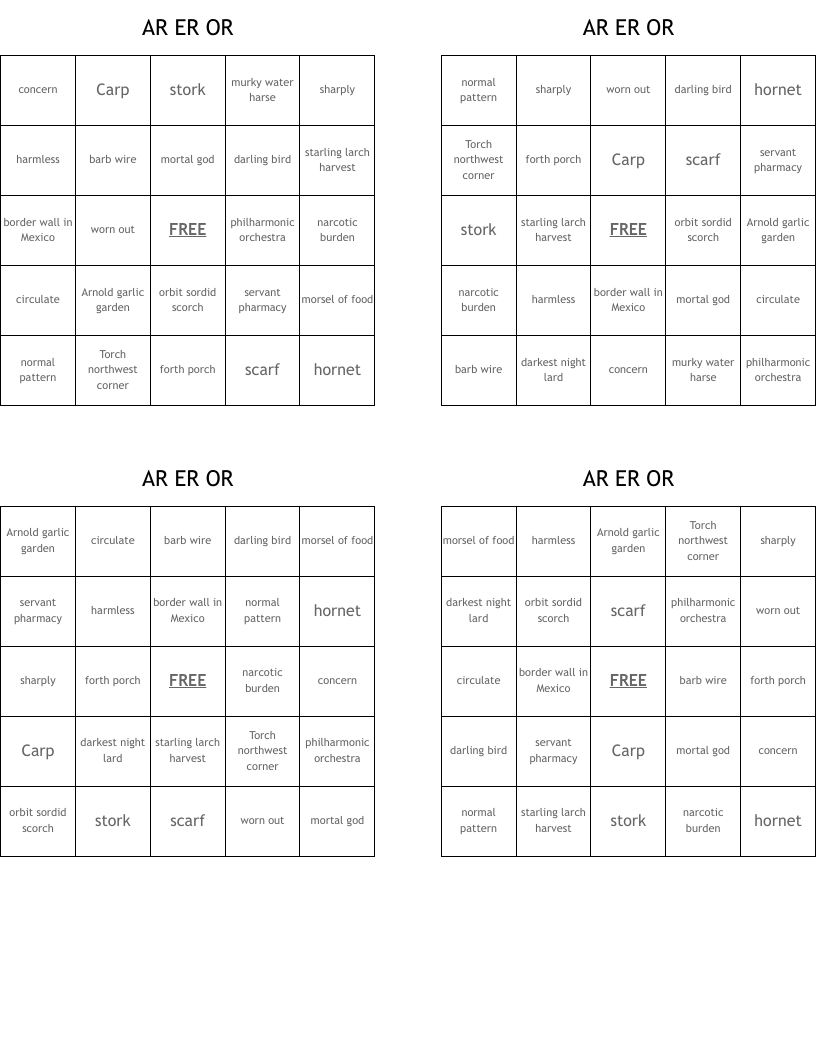 AR ER  OR  Bingo Cards