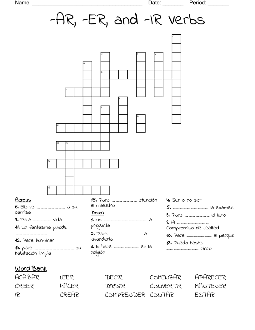-AR, -ER, and -IR Verbs Crossword