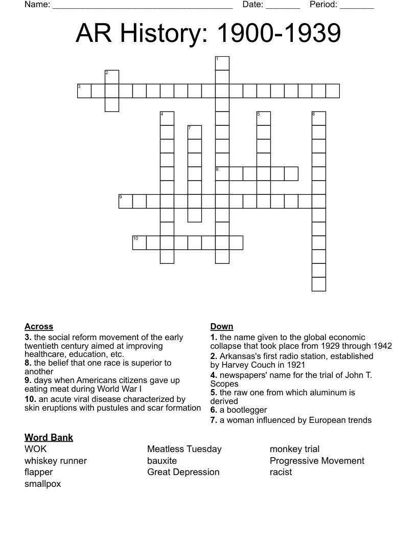 AR History: 1900-1939 Crossword