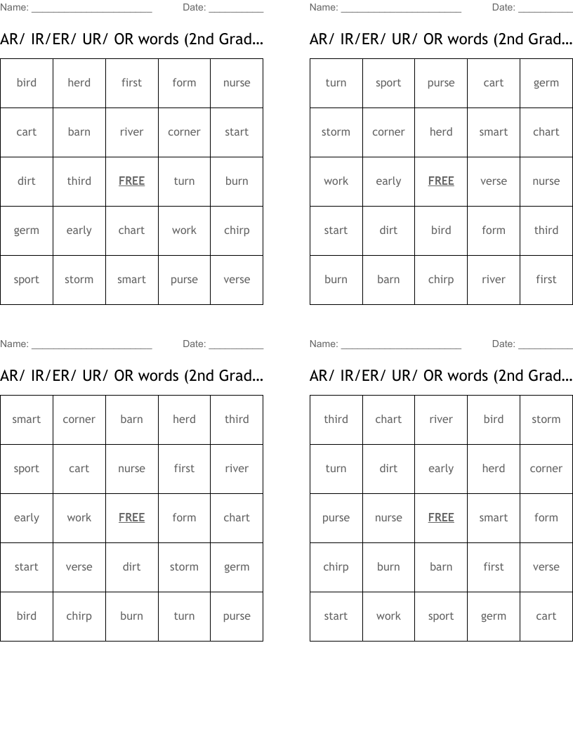 AR/ IR/ER/ UR/ OR words (2nd Grade) Bingo Cards