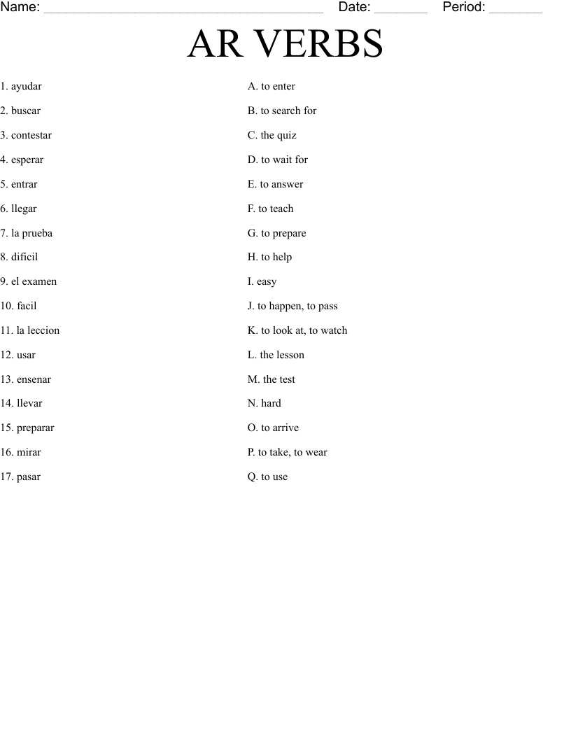 AR VERBS Worksheet
