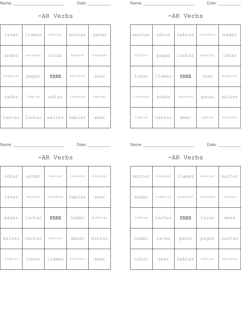 -AR Verbs Bingo Cards