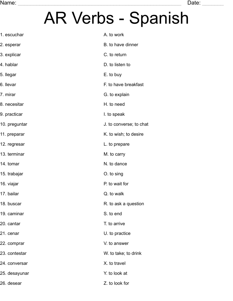 AR Verbs - Spanish Worksheet