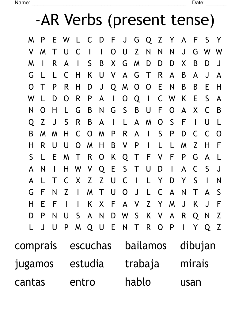 -AR Verbs (present tense) Word Search