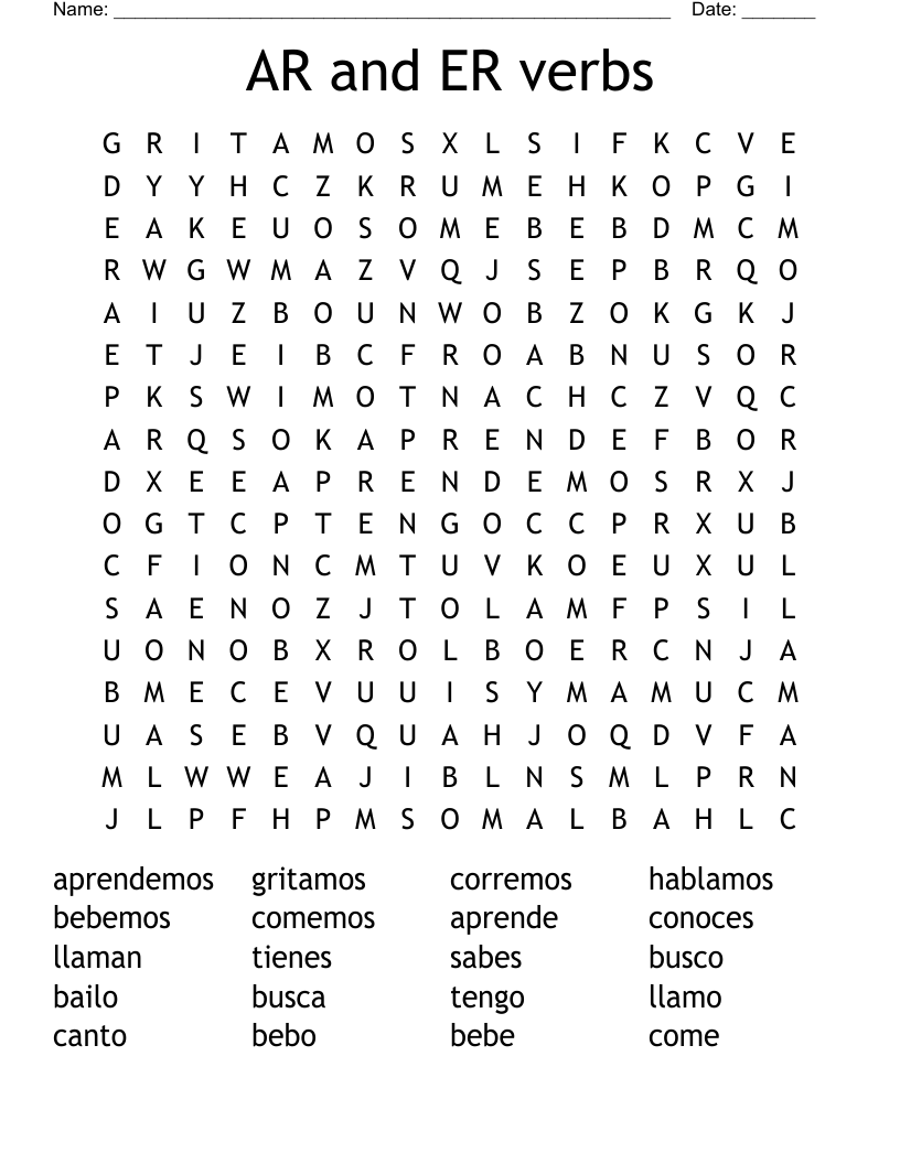 AR and ER verbs Word Search