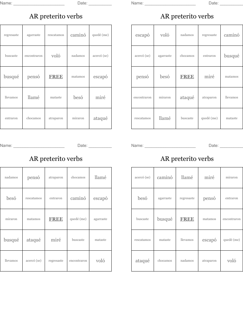 AR preterito verbs Bingo Cards