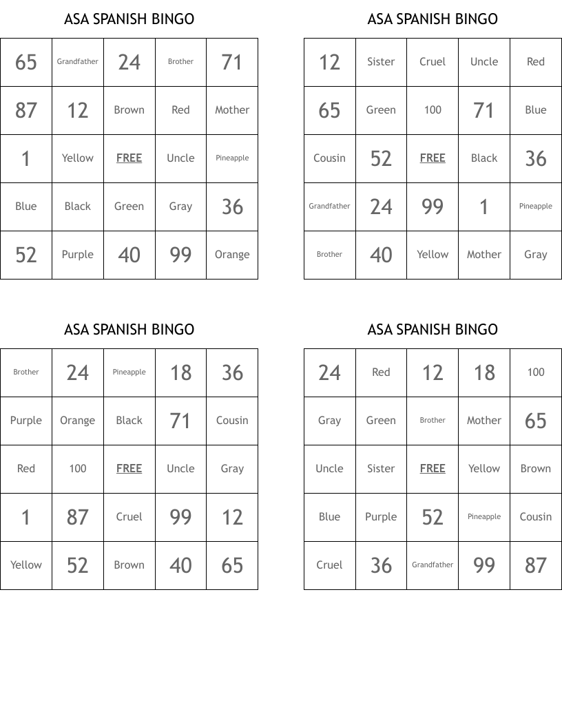 ASA SPANISH BINGO