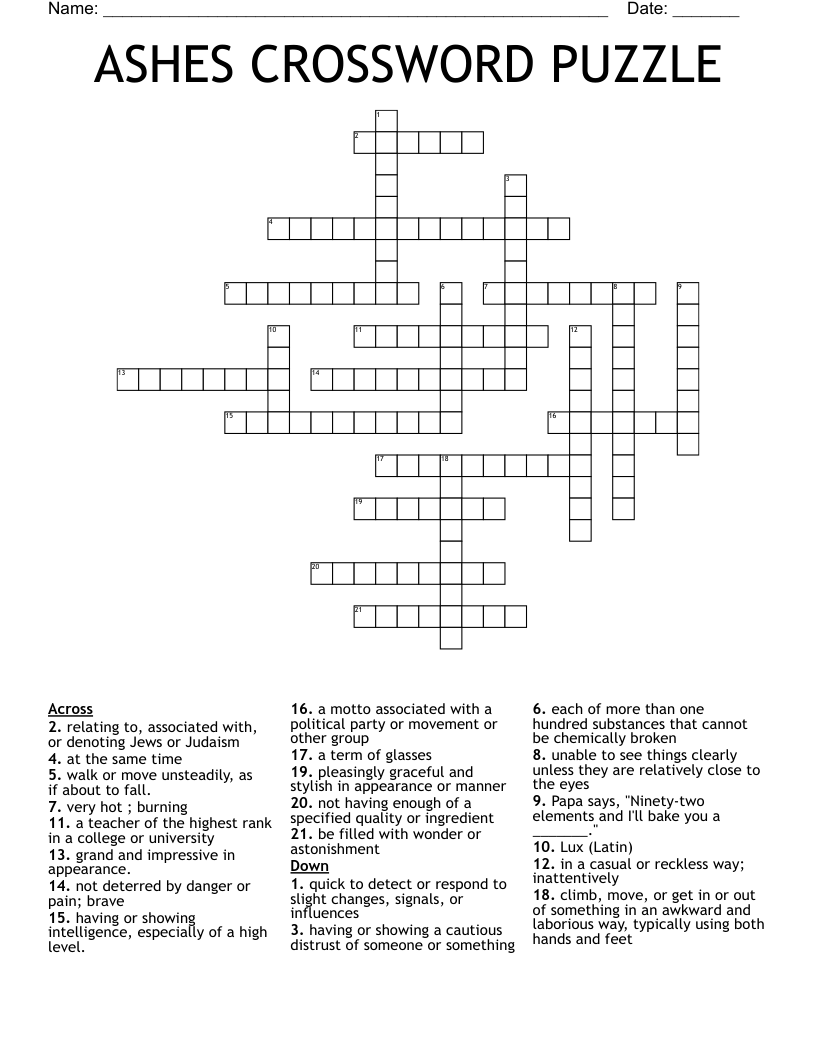 ASHES CROSSWORD PUZZLE