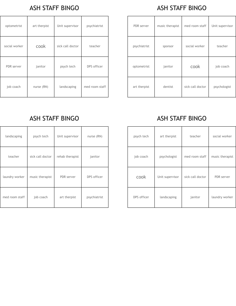 ASH STAFF BINGO