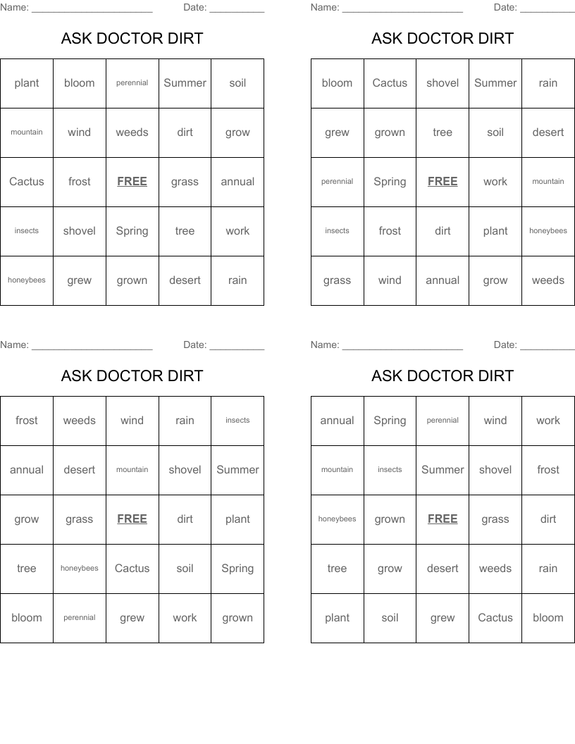 ASK DOCTOR DIRT Bingo Cards