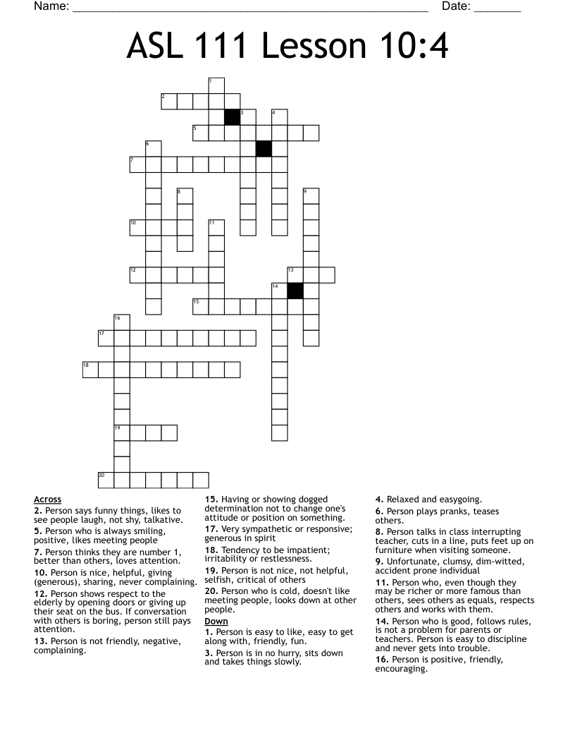 ASL 111 Lesson 10:4 Crossword