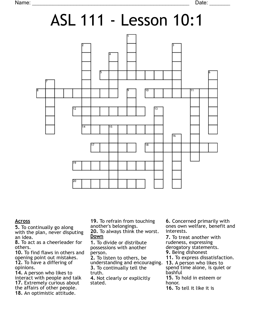 ASL 111 - Lesson 10:1 Crossword