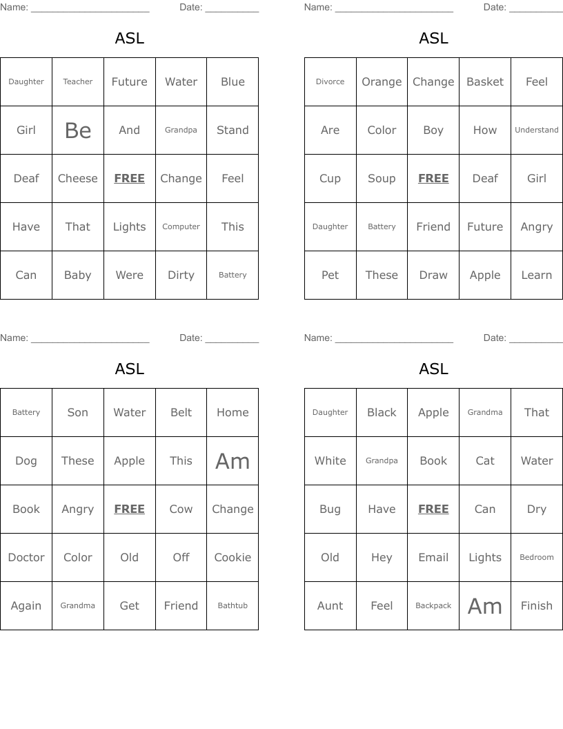 ASL Bingo Cards