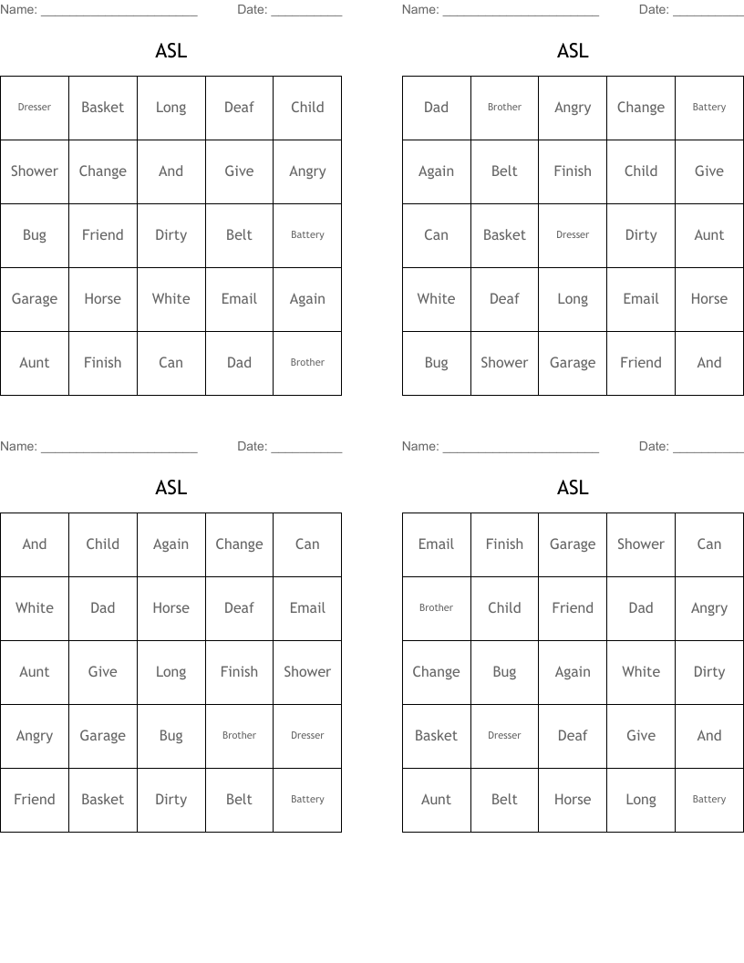 ASL Bingo Cards