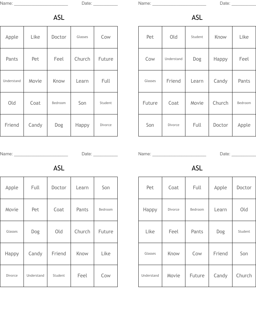ASL Bingo Cards