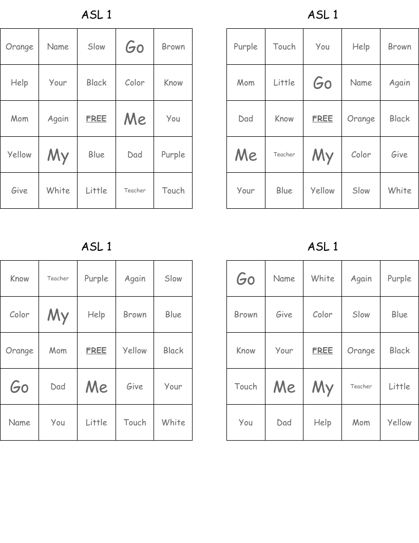ASL 1 Bingo Cards