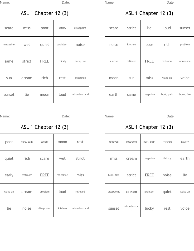 ASL 1 Chapter 12 (3) Bingo Cards