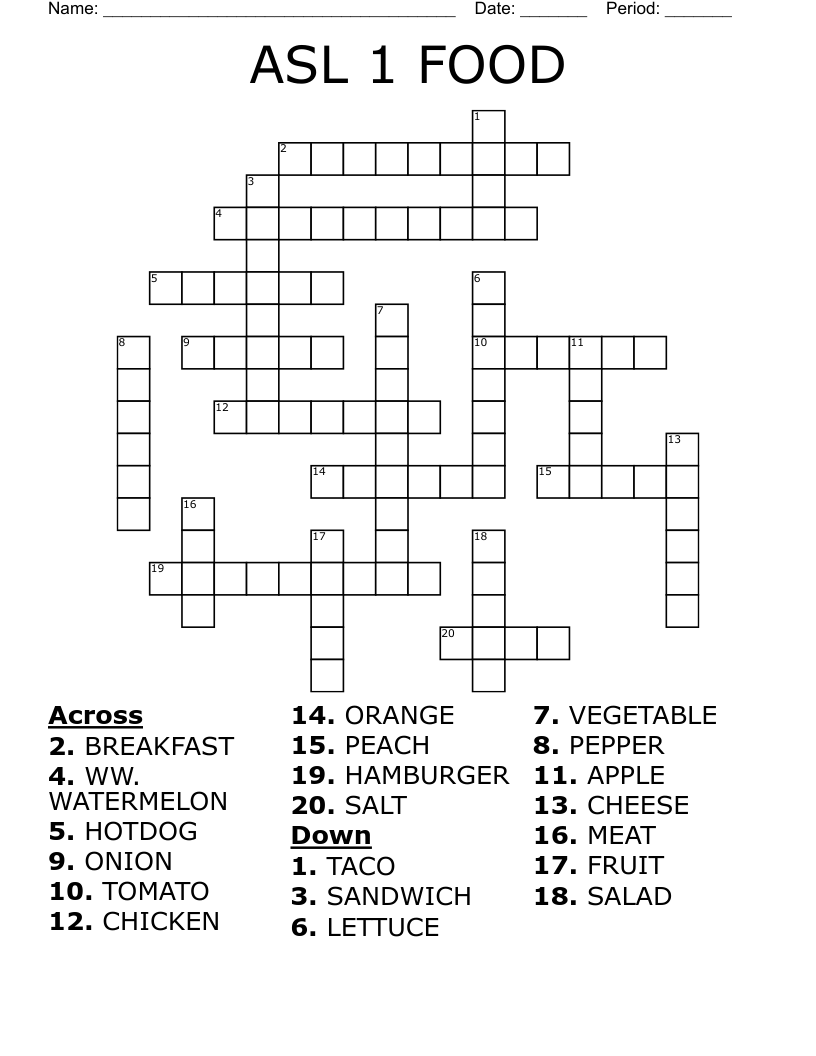 ASL 1 FOOD Crossword