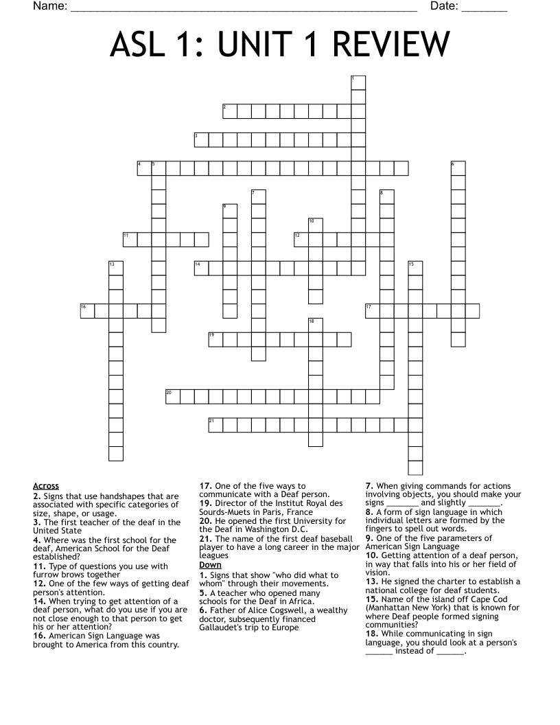 ASL 1: UNIT 1 REVIEW Crossword