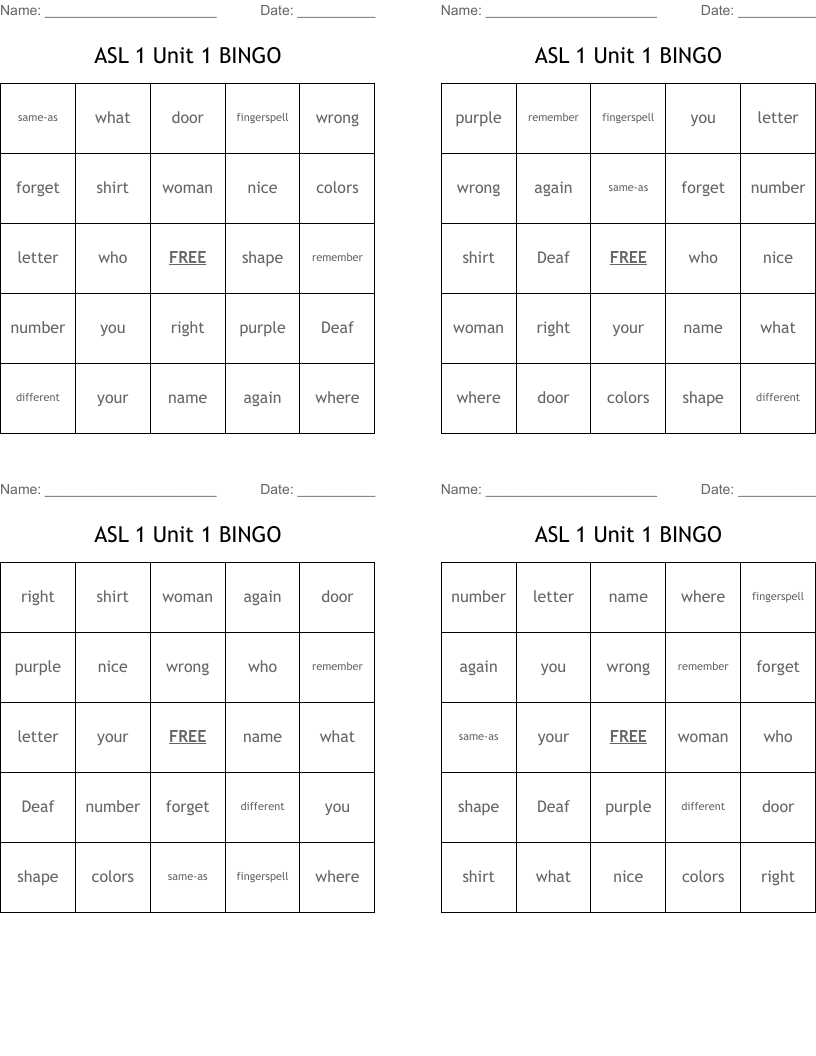 ASL 1 Unit 1 BINGO