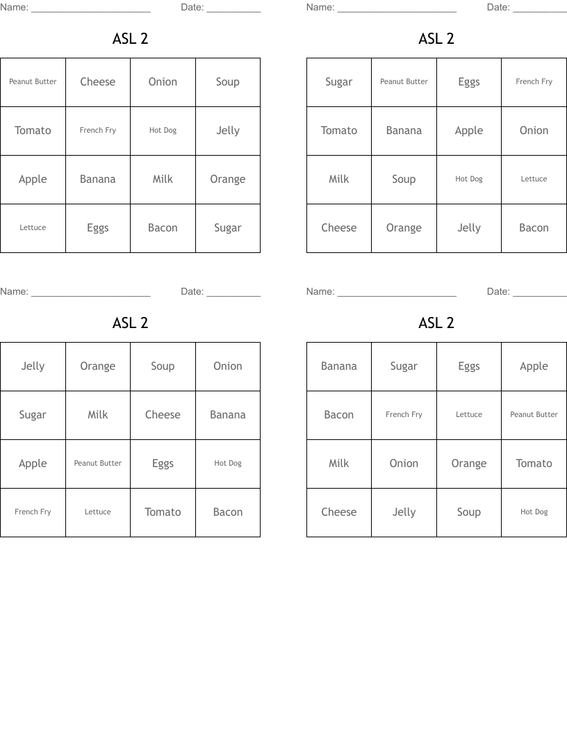 ASL 2 Bingo Cards