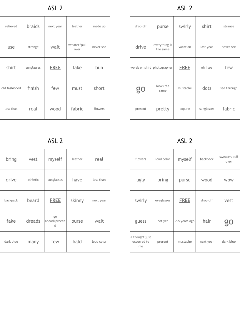 ASL 2 Bingo Cards