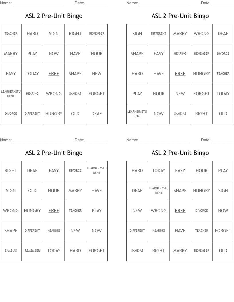 ASL 2 Pre-Unit Bingo