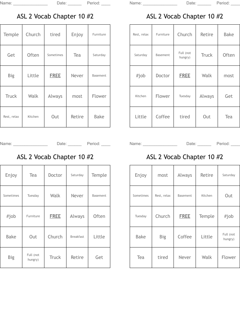 ASL 2 Vocab Chapter 10 #2 Bingo Cards