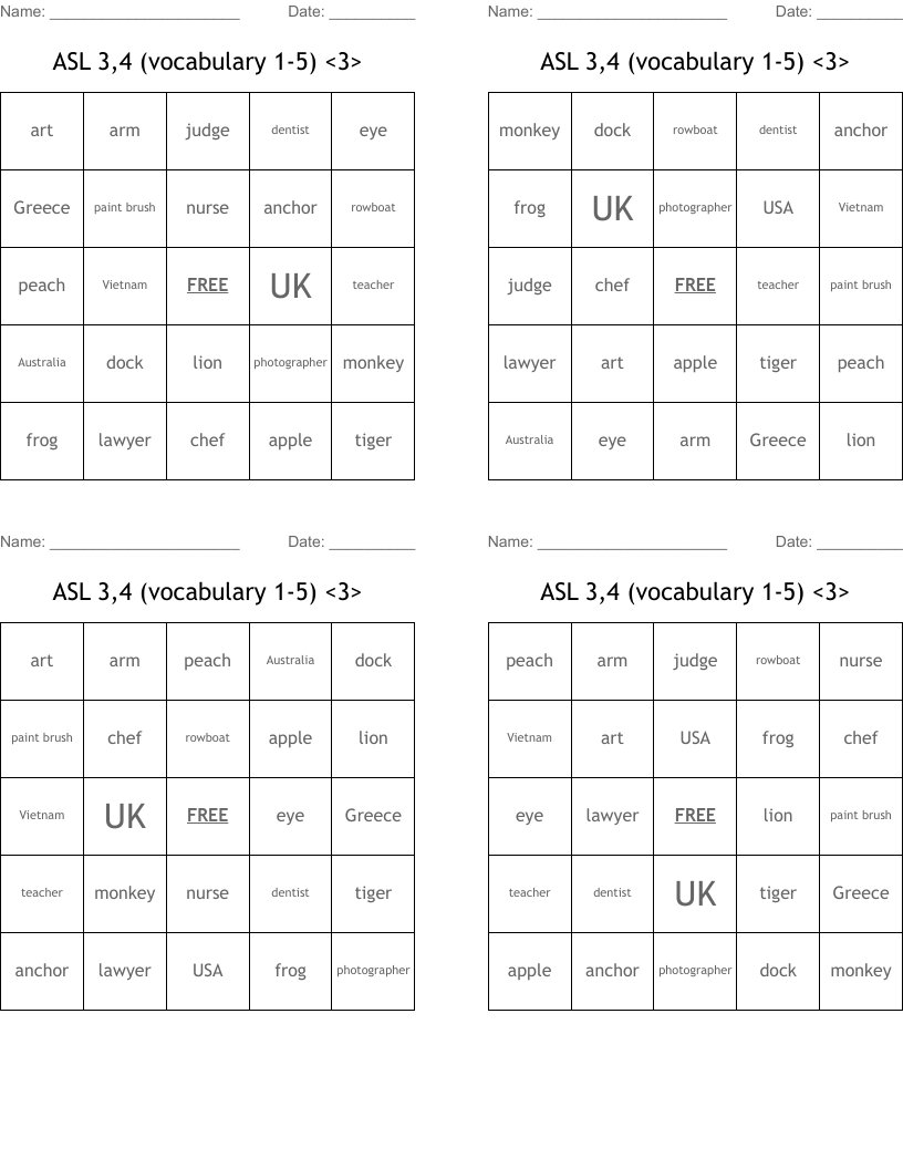 ASL 3,4 (vocabulary 1-5) <3> Bingo Cards