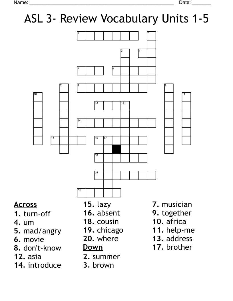 ASL 3- Review Vocabulary Units 1-5 Crossword