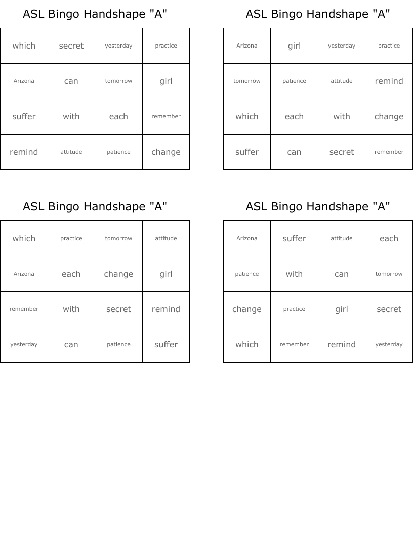 ASL Bingo Handshape "A"