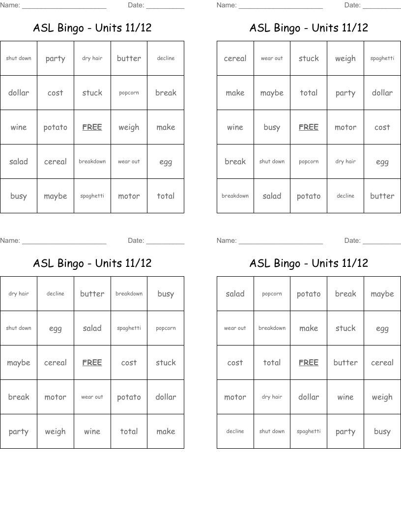 ASL Bingo - Units 11/12