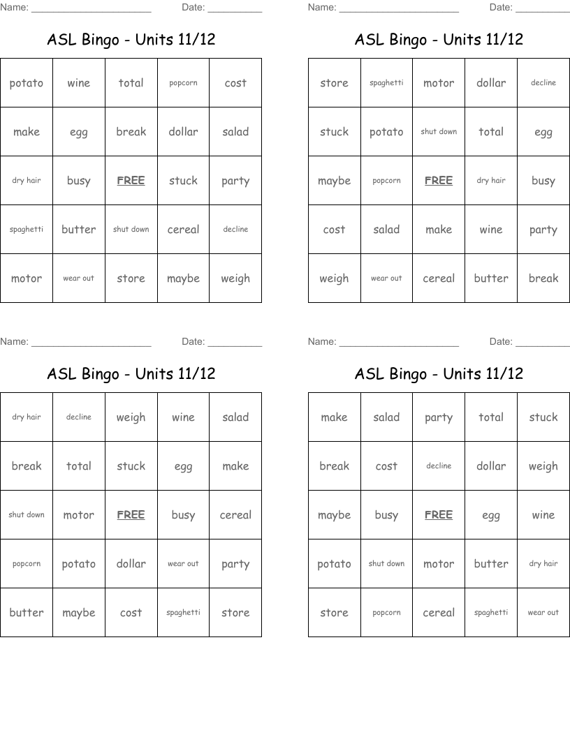 ASL Bingo - Units 11/12