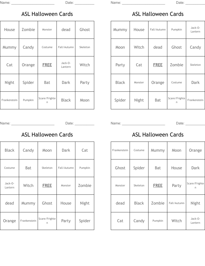 ASL Halloween Cards Bingo Cards