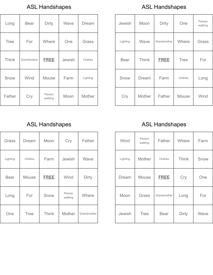 ASL Handshapes Bingo Cards