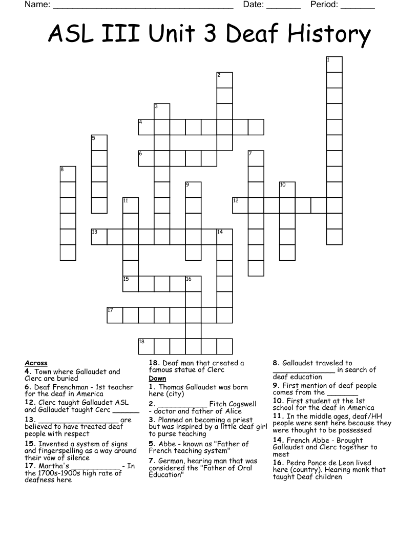 ASL III Unit 3 Deaf History  Crossword