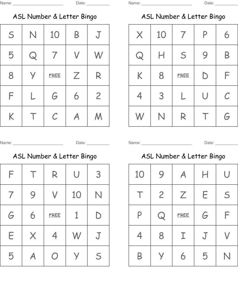 ASL Number & Letter Bingo