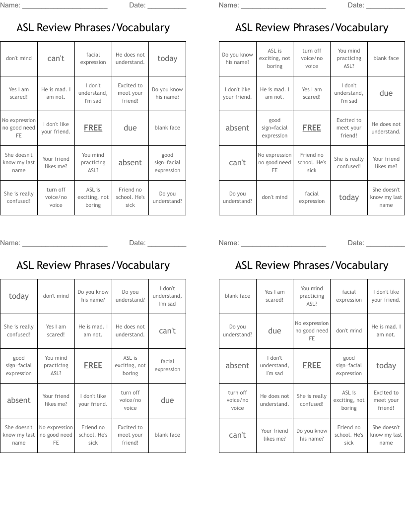 ASL Review Phrases/Vocabulary Bingo Cards