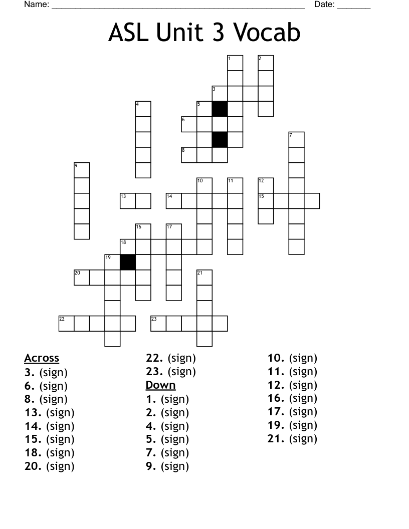 ASL Unit 3 Vocab Crossword
