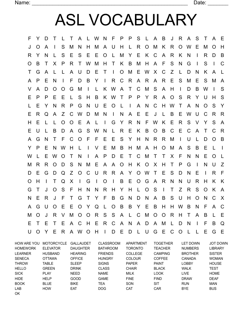 ASL VOCABULARY Word Search