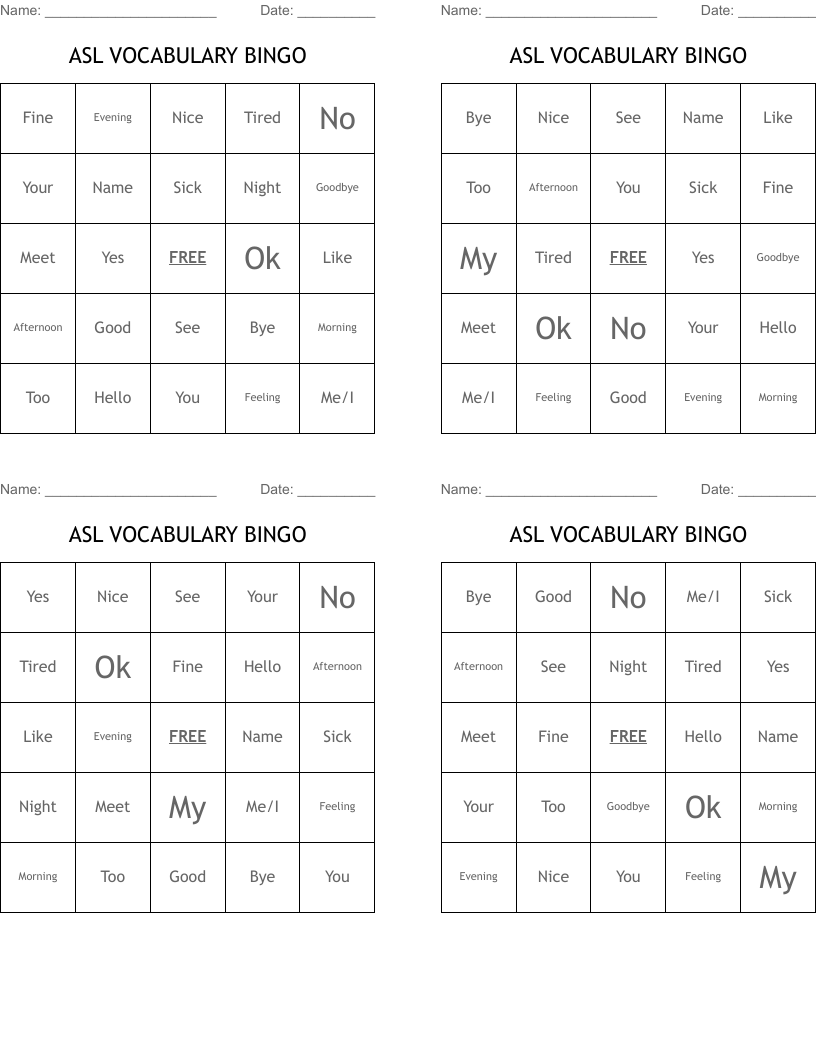 ASL VOCABULARY BINGO