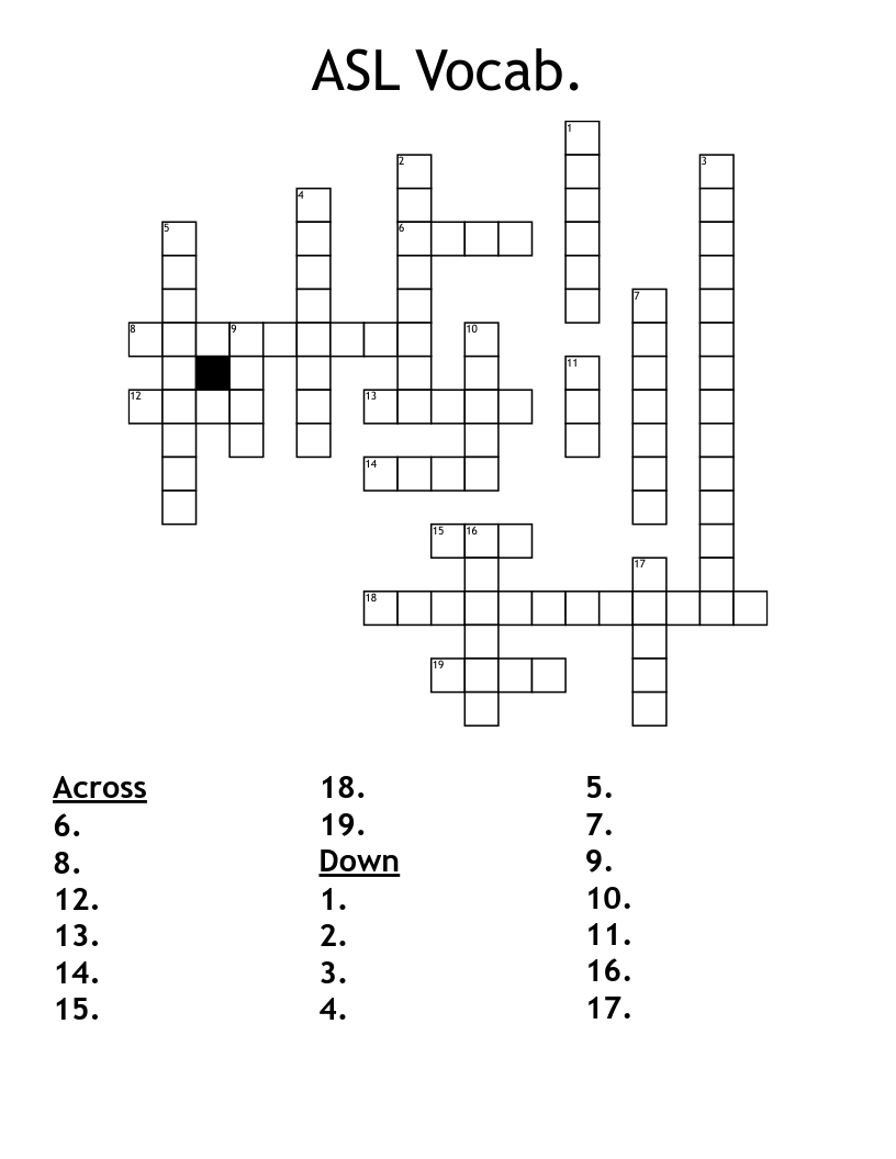 ASL Vocab. Crossword