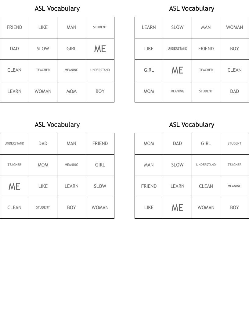 ASL Vocabulary Bingo Cards
