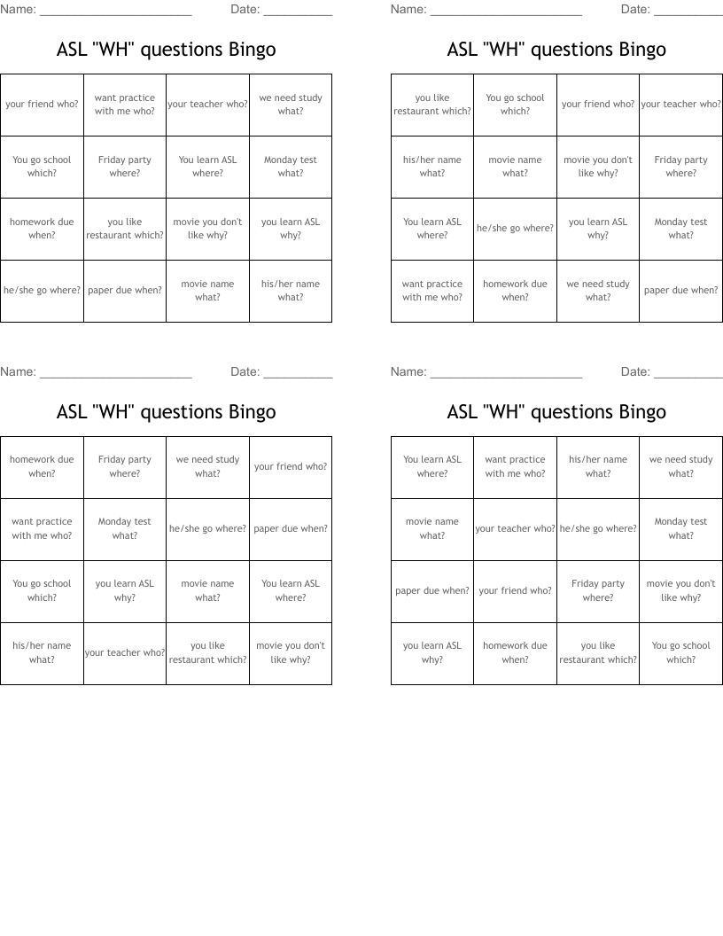 ASL "WH" questions Bingo