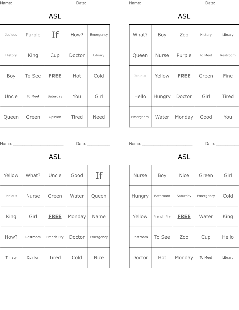 ASL  Bingo Cards