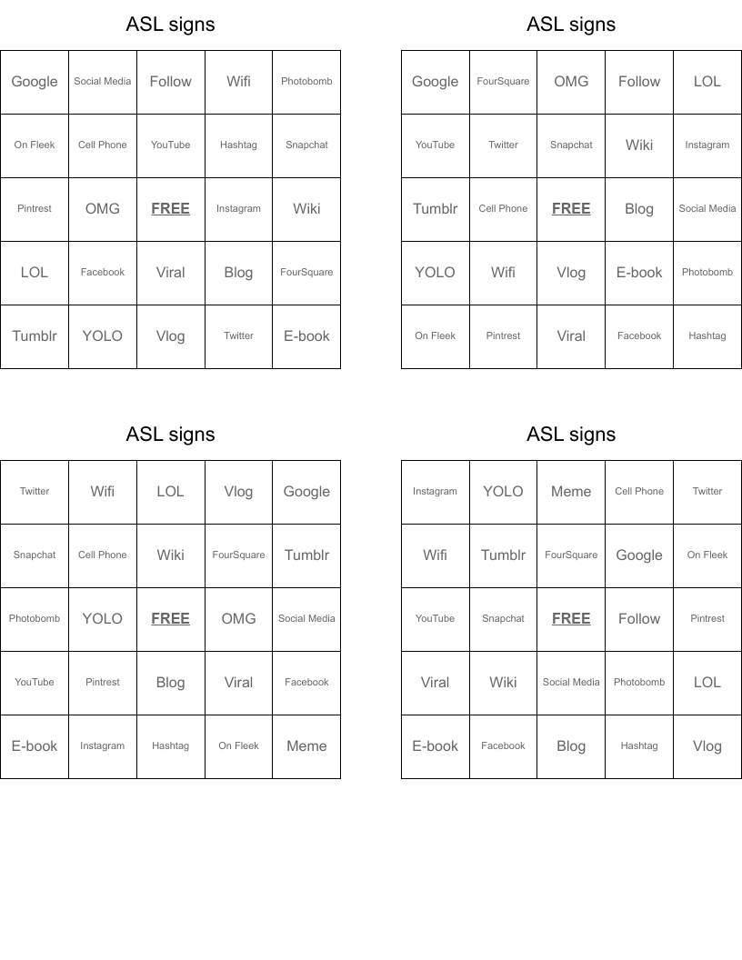 ASL signs Bingo Cards